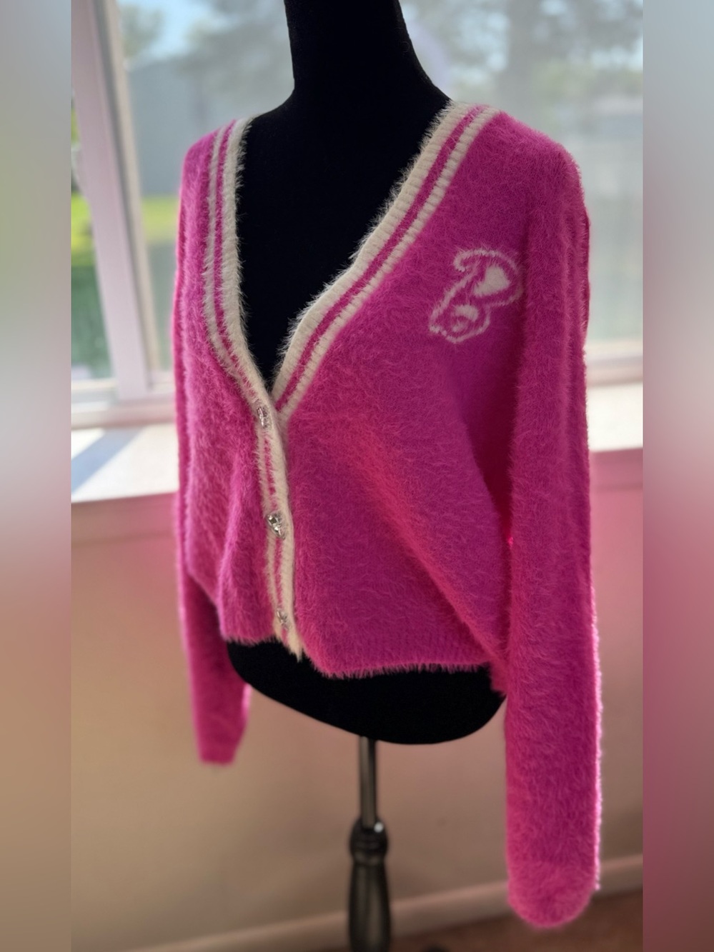 Barbie the Movie Hot Pink Fuzzy Soft cardigan sweater rhinestone heart buttons L